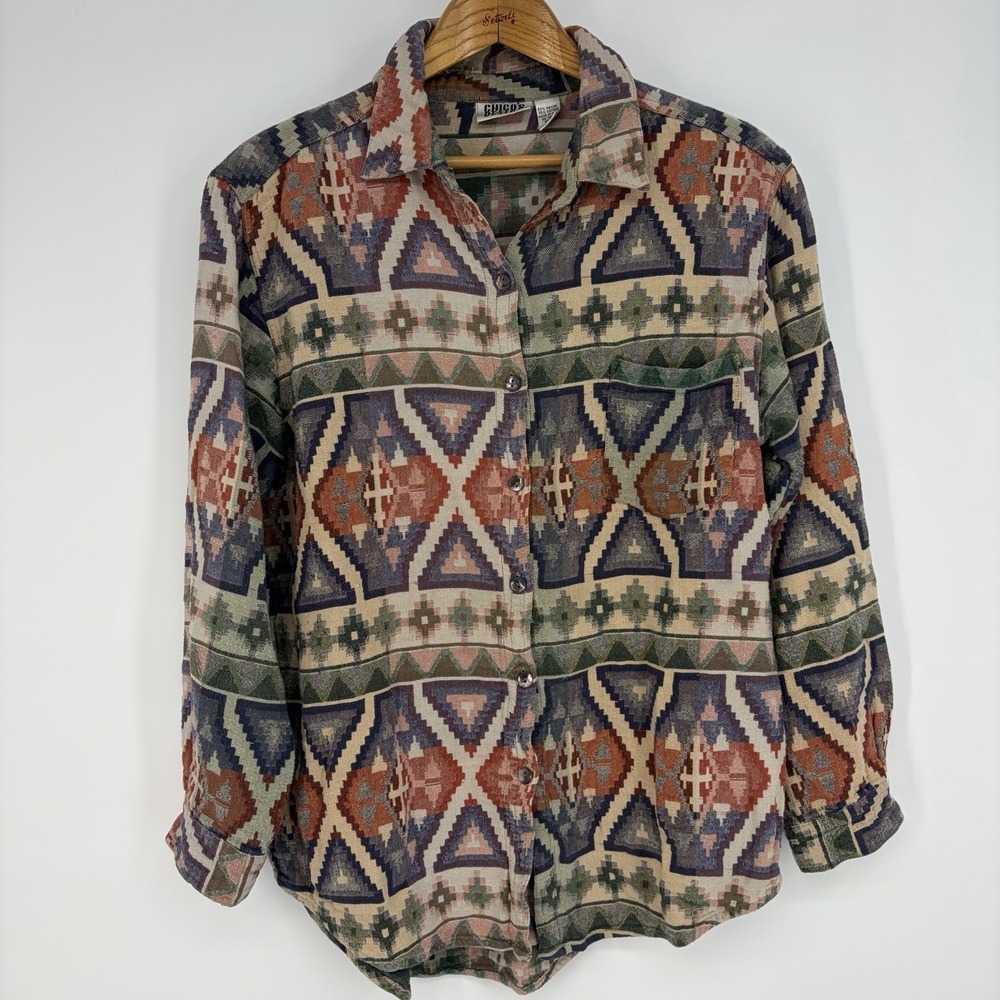 Chico's Design Button Down Shirt Sz 3 16  XL Southwestern Boho Soft Rustic Ranch